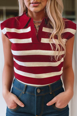 Casual Striped Collared Knit Top