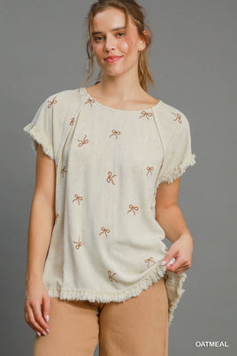 Linen Blend Ribbon Embroidered Top
