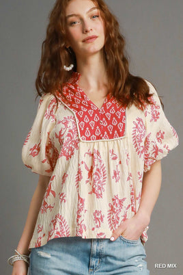 Mixed Print Red Boho Style Top