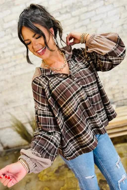 Plaid Waffle Knit Henley Hooded Top| B&C Unique Boutique