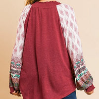 Printed Puff Sleeve Long Sleeve Top (Plus)