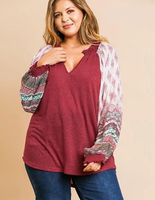 Printed Puff Sleeve Long Sleeve Top (Plus)