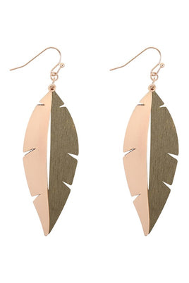 Satin Metal & Wood Leaf Drop Earrings
