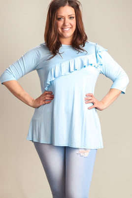 Sky Blue 3/4 Sleeve with Ruffle Accent (Plus)