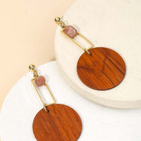 Wood Disc & Gem Dangle Earring