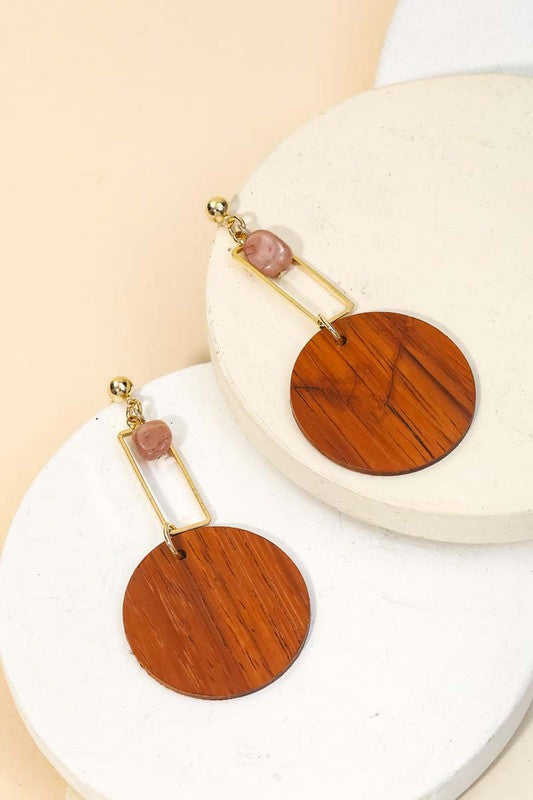 Wood Disc & Gem Dangle Earring