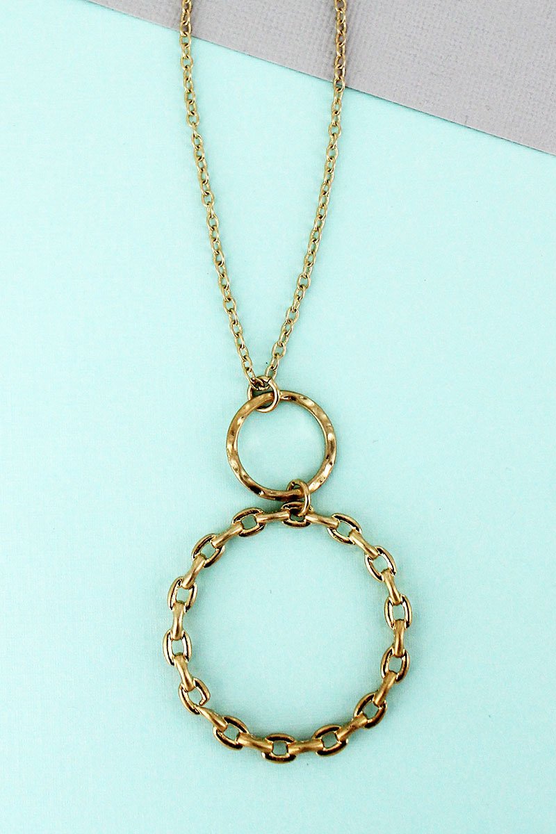 Hammered & Chain Goldtone Link Double circle Pendant Necklace
