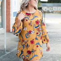 Mustard Triple Ruffle Bell Sleeve Dress