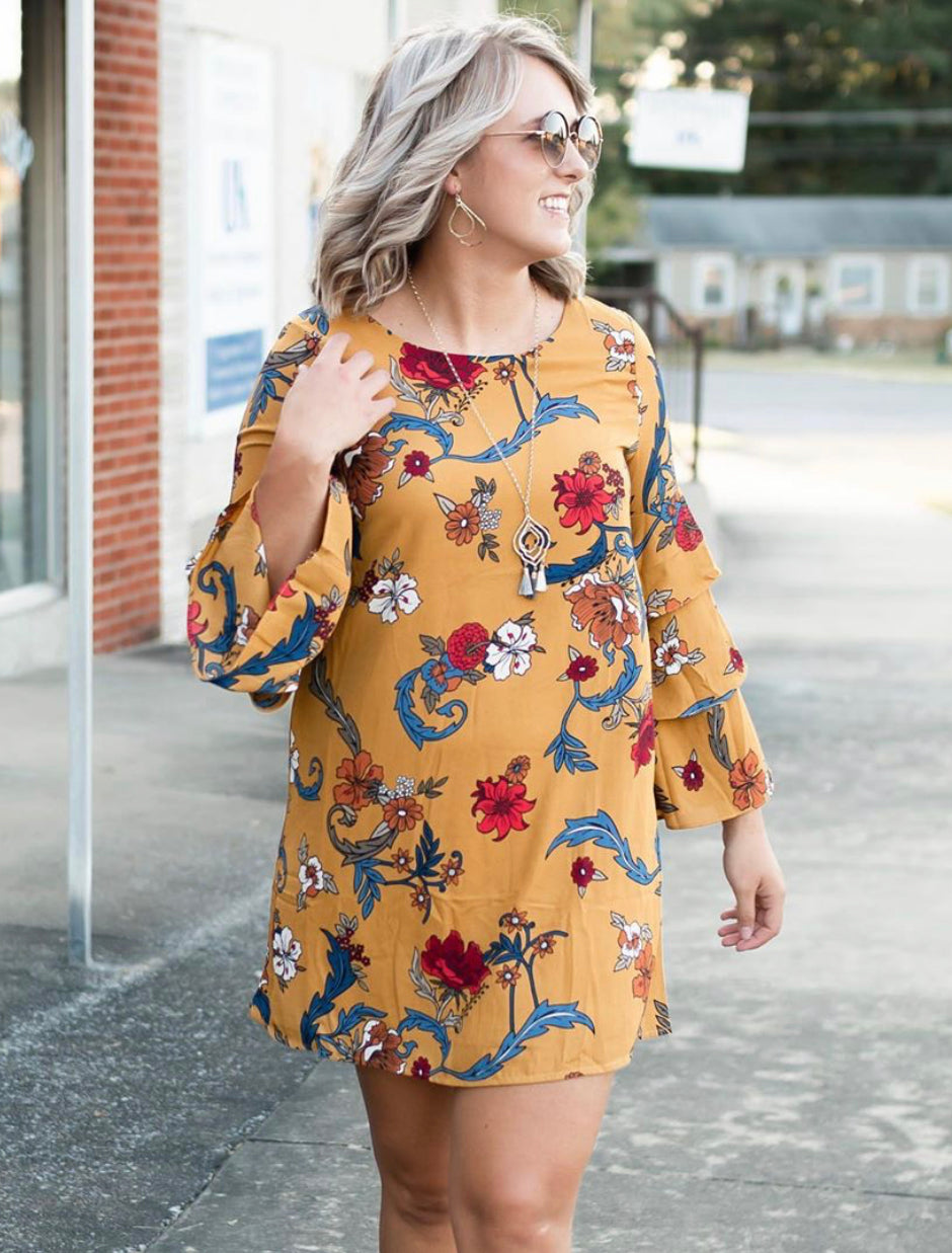 Mustard Triple Ruffle Bell Sleeve Dress