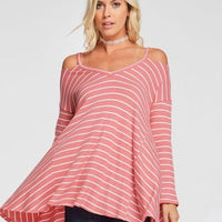 Stripe Bare Shoulder Swing Top (Plus)