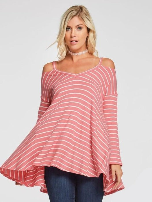 Stripe Bare Shoulder Swing Top (Plus)