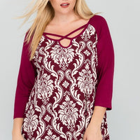 Baroque Print Top with Criss-Cross Neckline (Plus)