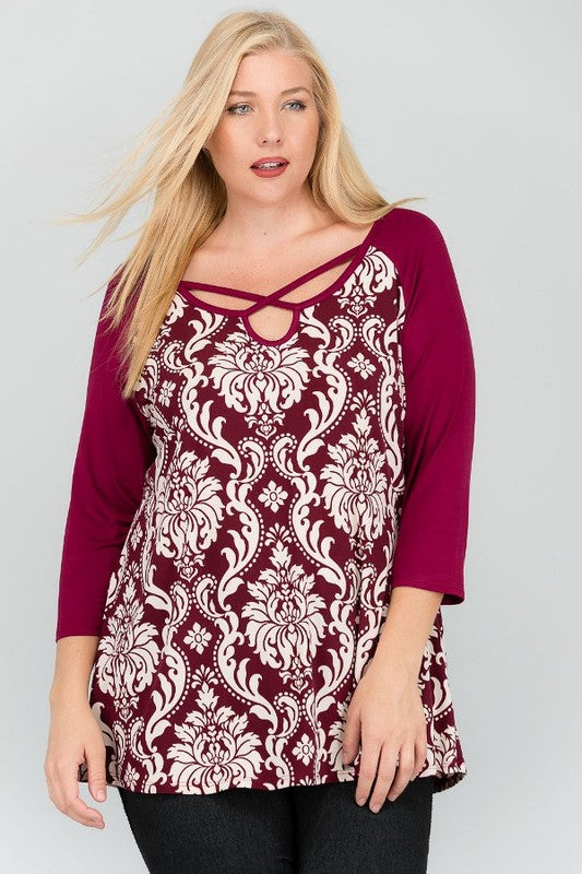 Baroque Print Top with Criss-Cross Neckline (Plus)