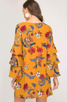 Mustard Triple Ruffle Bell Sleeve Dress