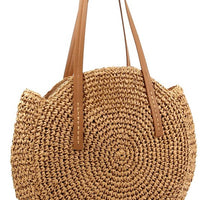 Circle Straw Round Tote with Top Zip Closure
