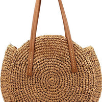Circle Straw Round Tote with Top Zip Closure