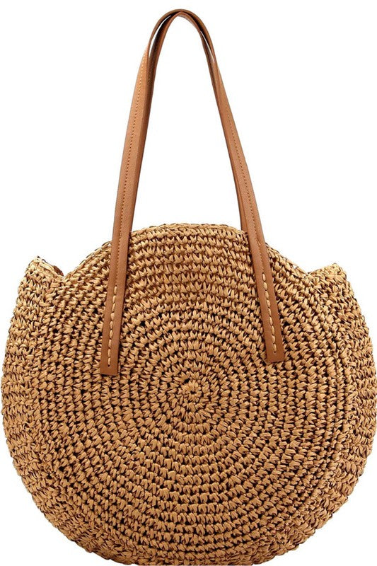 Circle Straw Round Tote with Top Zip Closure