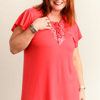 Coral Embroidered Lace Up Blouse (Plus)
