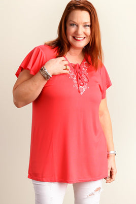 Coral Embroidered Lace Up Blouse (Plus)