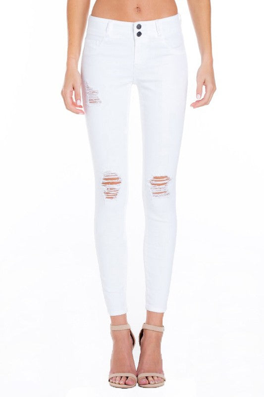 Two Button White Distressed Skinny Jeans