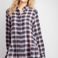 Ruffle Hem Crinkle Plaid Shirt
