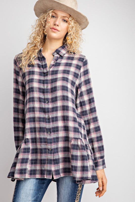 Ruffle Hem Crinkle Plaid Shirt
