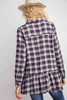 Ruffle Hem Crinkle Plaid Shirt