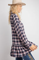 Ruffle Hem Crinkle Plaid Shirt