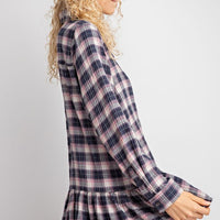 Ruffle Hem Crinkle Plaid Shirt