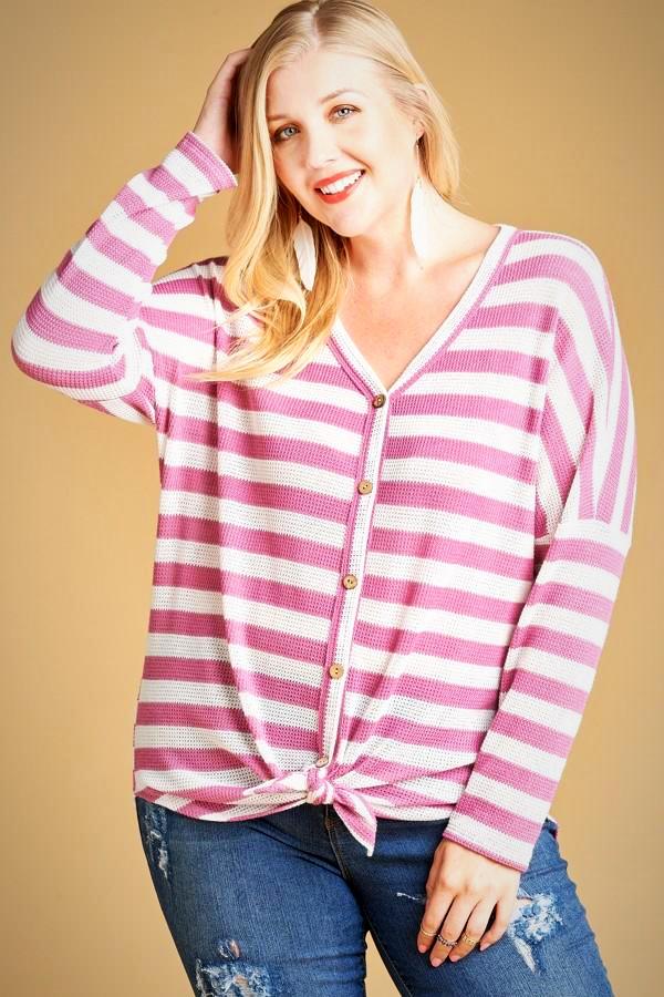 Striped V-Neck Tie Front Top (Plus)