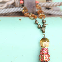 Rose Leather Tassel and Crystal Necklace