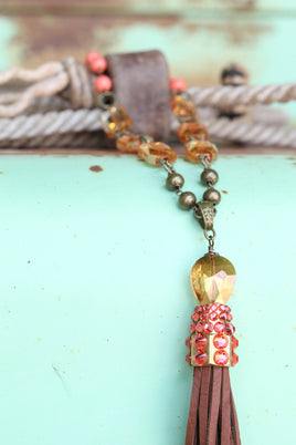 Rose Leather Tassel and Crystal Necklace