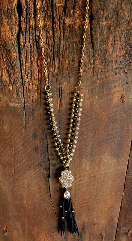 Black and Gold Beaded Chain with Leather Tassel