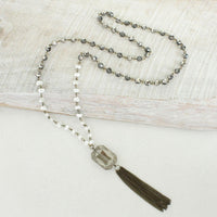 Gray Crystal & Freshwater Pearl Tassel Necklace