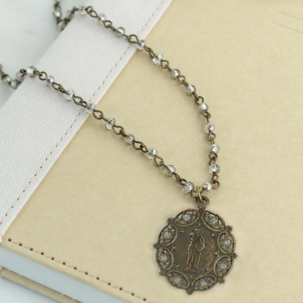 Vintage Style Saint Coin & Gray Crystal Necklace