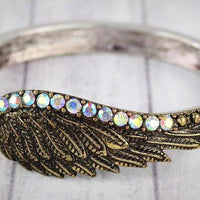 Burnished Silvertone & Brasstone Crystal Wing Bracelet