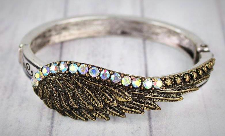 Burnished Silvertone & Brasstone Crystal Wing Bracelet