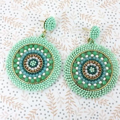 Mint Seed Bead Medallion Earrings