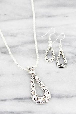 Silvertone Scroll Teardrop Necklace Set