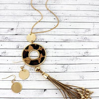 Leopard Cork Circle Tassel Necklace Set