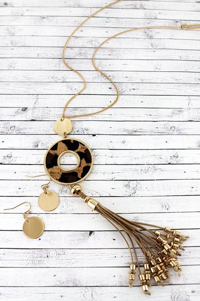 Leopard Cork Circle Tassel Necklace Set