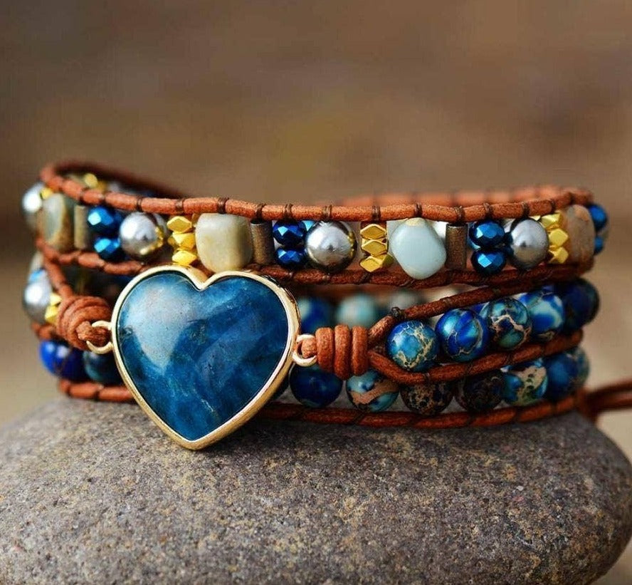 Natural Blue Apatite Heart Wrap Bracelet