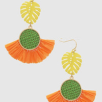 Multi Raffia Tropical Leaf Woven Wood Earrings