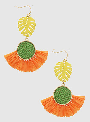 Multi Raffia Tropical Leaf Woven Wood Earrings