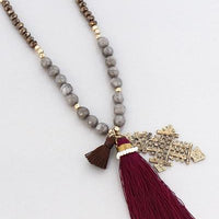 Ethiopian Cross Tassel Pendant Beaded Necklace