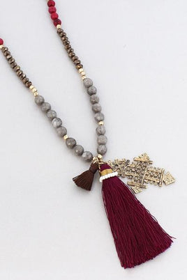Ethiopian Cross Tassel Pendant Beaded Necklace