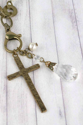 Burnished Brasstone Cross & Crystal Pendant Necklace