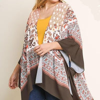 Floral Scarf Print Open Front Kimono w/ Side Slits (Plus)